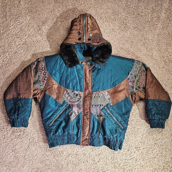 East West Jackets & Blazers - Vintage East West Jacket Womens Medium Quilted Hood Faux Fur Trim Southwestern